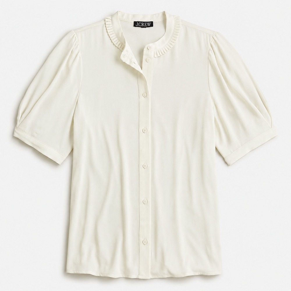 J.Crew Drapey Button Up Top Pleated Ruffle Collar Ivory Short Sleeve Size L